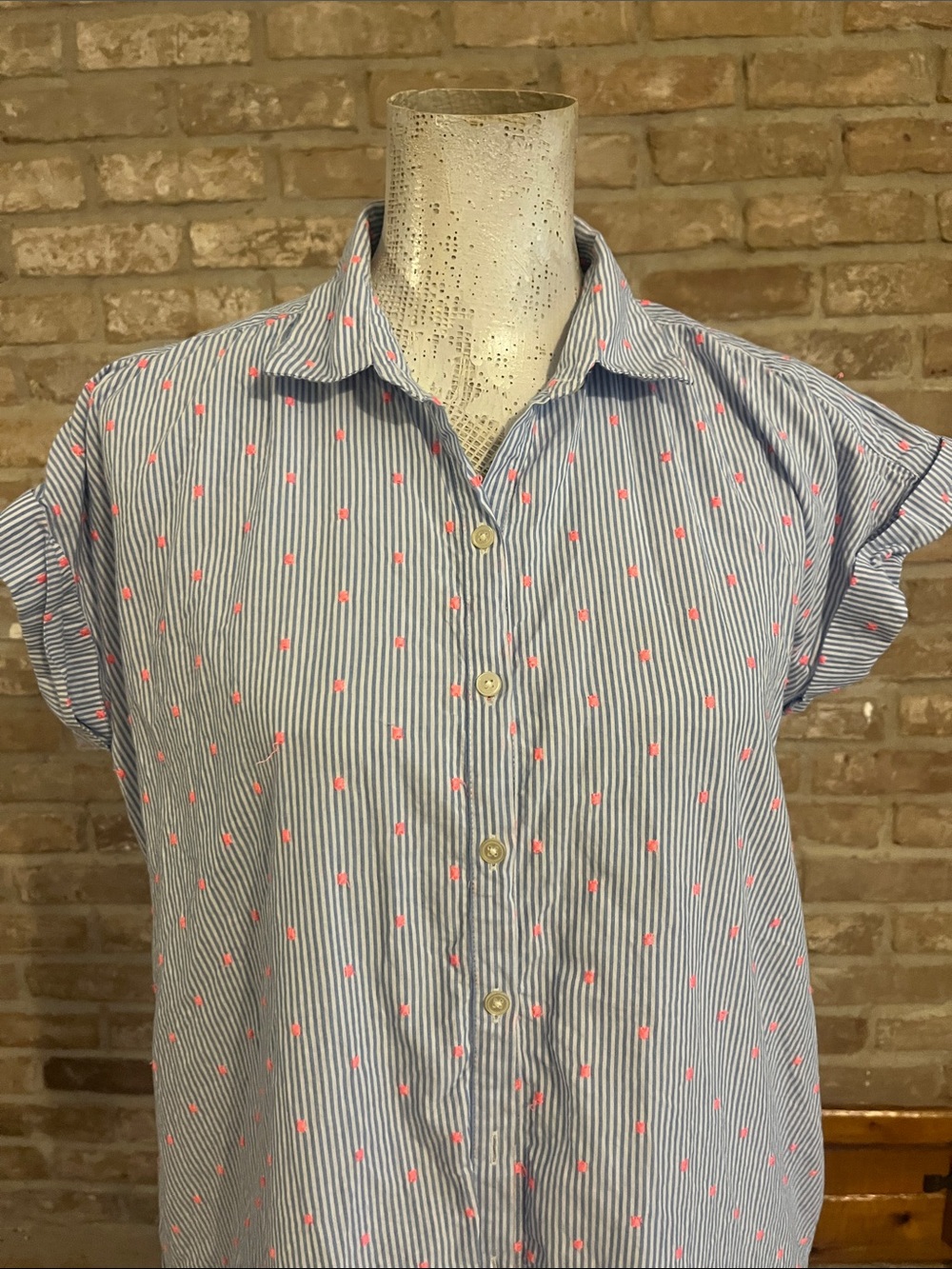 LOFT Blue & White Striped Shirt Dress Pink Embroidered Dot with lining. Sz M - Picture 3 of 5